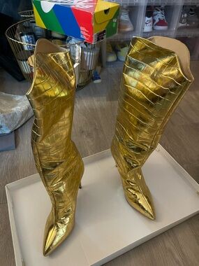 SCHUTZ Metallic Gold Croc-Embossed Knee-High Stiletto Boots
